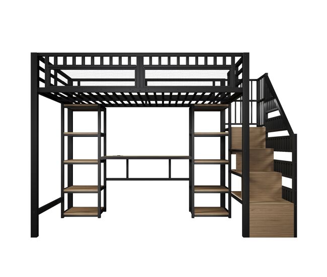Beliche alto 140x200 cm - estrutura metálica, étagère, escada com arrumação, secretária, led, usb - noir
