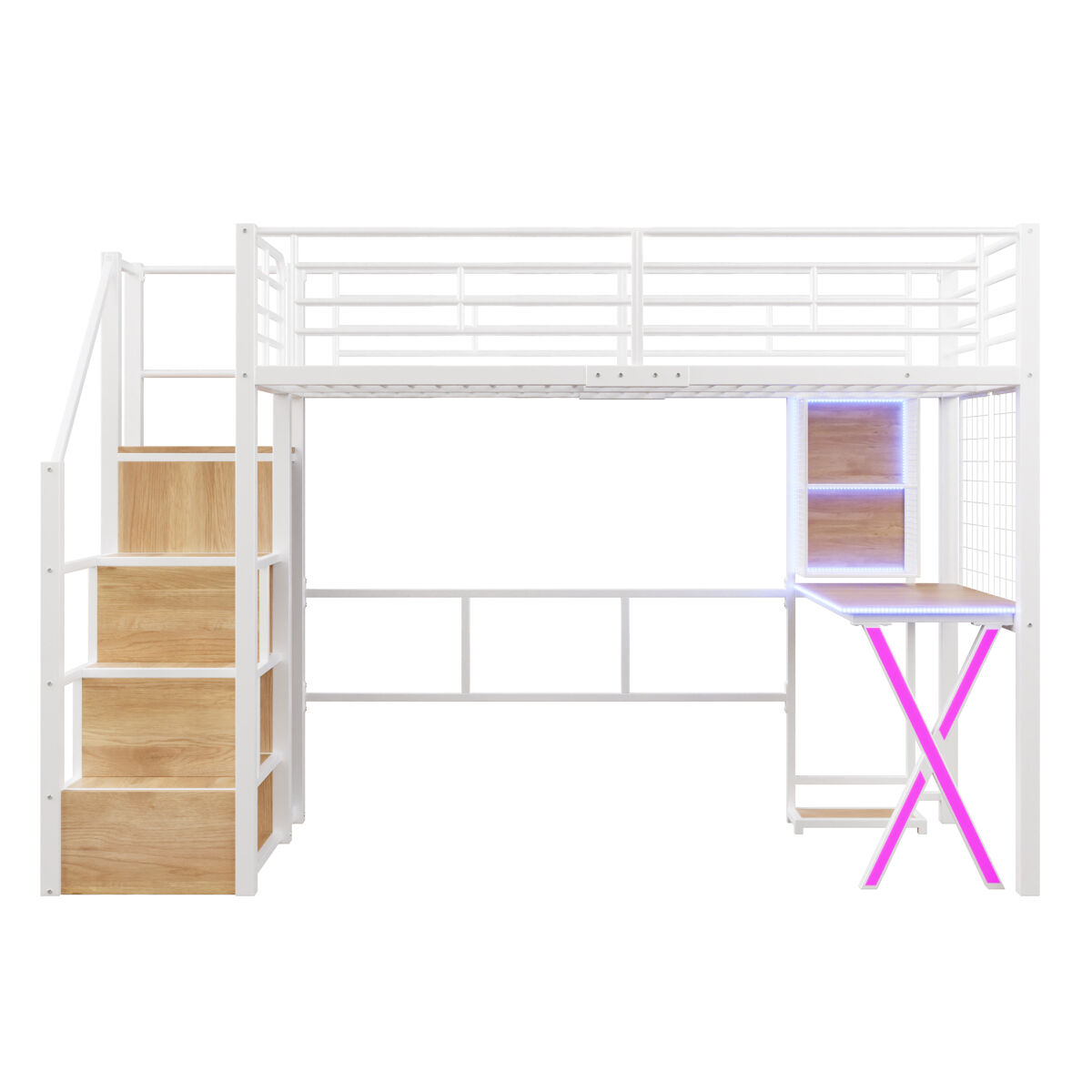 Cama alta 90 x 200 cm - com led, escada com prateleiras, secretária, armário e estantes, sem colchão - branco