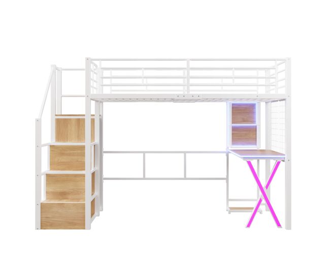 Cama alta 90 x 200 cm - com led, escada com prateleiras, secretária, armário e estantes, sem colchão - branco