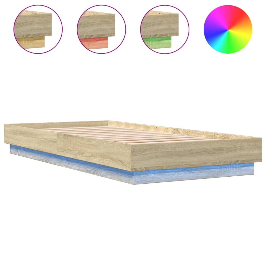 Estrutura de cama de solteiro para adultos c/ luzes led 100x200 cm carvalho sonoma