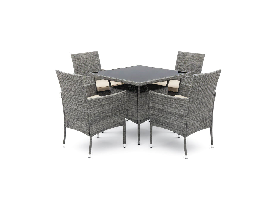 Conjunto de mesa quadrada + 4 cadeiras em rattan pe. mobiliário para jardim e pátio, rattan cinza.