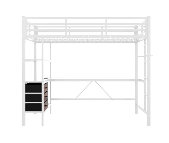 Cama alta 90x200cm - com led, secretária, tomada + usb, 3 gavetas, prateleiras, grade, escada, sem colchão - branco