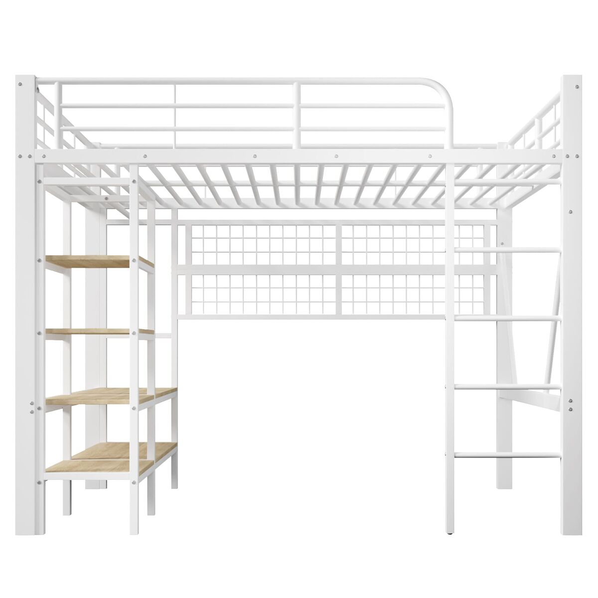 Cama alta 140x200 cm - estrutura metálica, prateleira, barra para pendurar, espaço livre, faixa led - branco
