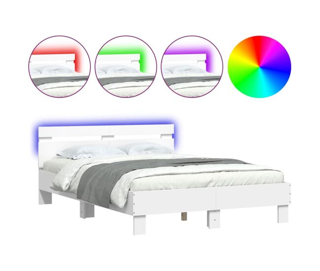 Estrutura de cama de casal para adultos com cabeceira e luzes led 135x190 cm branco