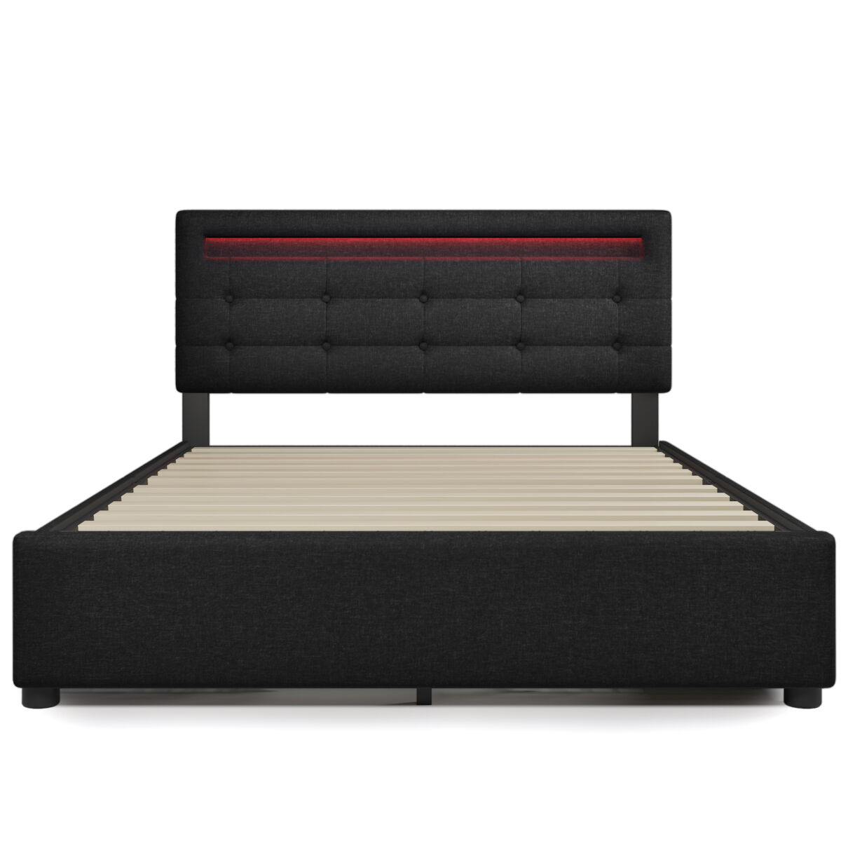 Cama estofada 140x200 cm - com iluminação led, 4 gavetas, cabeceira ajustável, estrado de madeira - preto