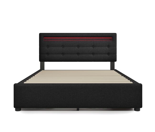 Cama estofada 140x200 cm - com iluminação led, 4 gavetas, cabeceira ajustável, estrado de madeira - preto