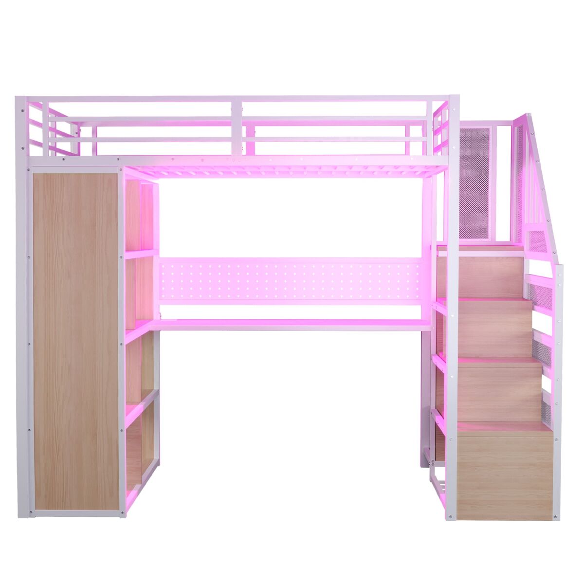 Cama alta metálica 90x200 cm - com armário, secretária e led - branco