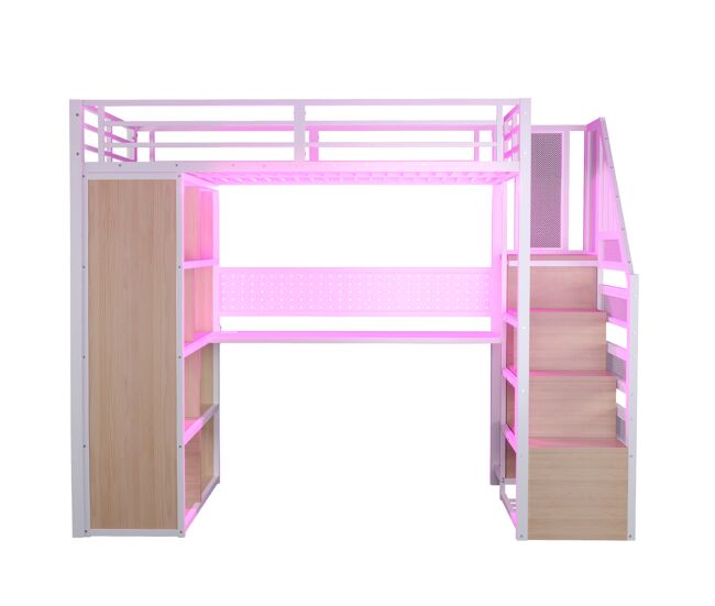 Cama alta metálica 90x200 cm - com armário, secretária e led - branco