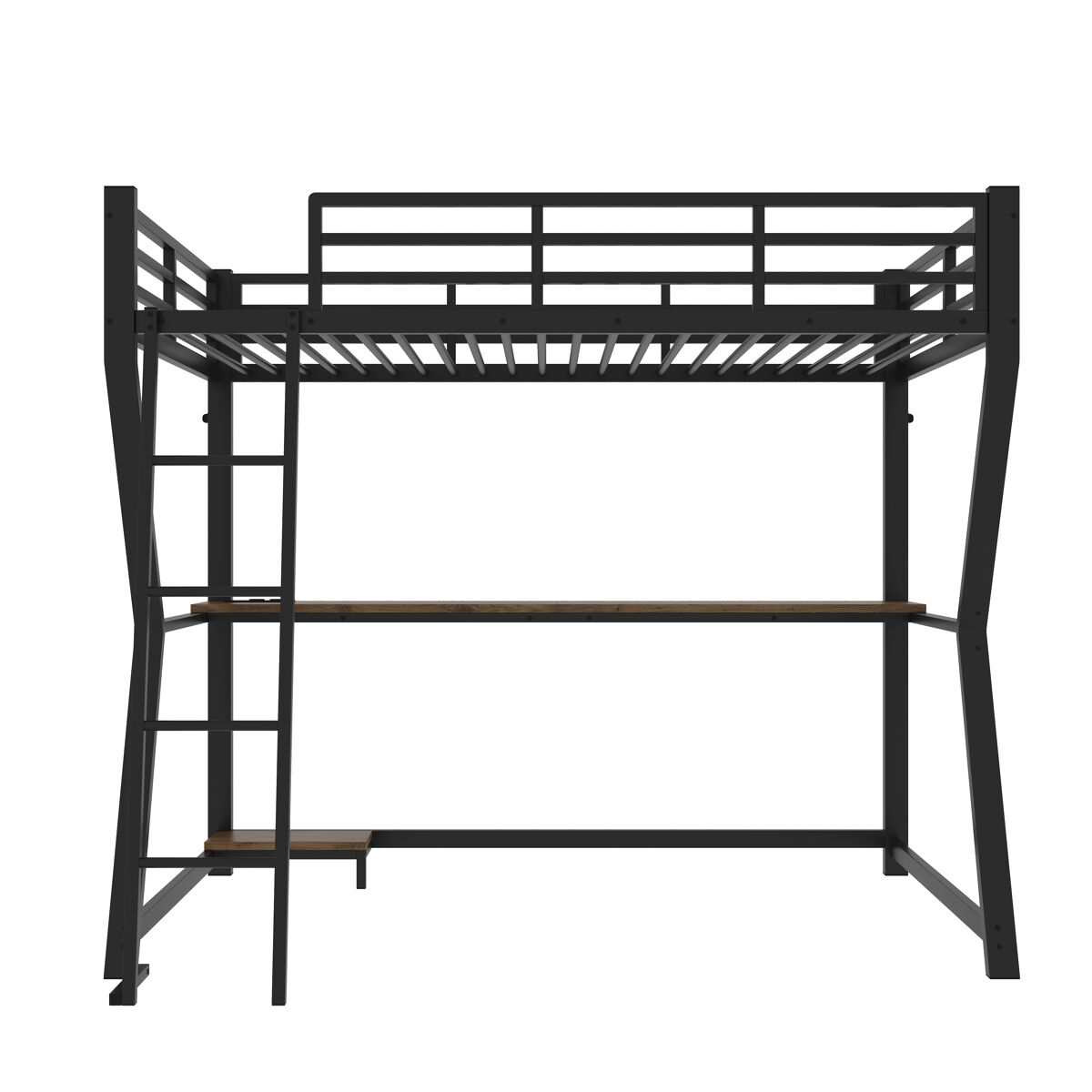 Cama alta 90x200cm - com luzes led, prateleira para consola, secretária, tomada + usb, grade, escada, sem colchão - preto