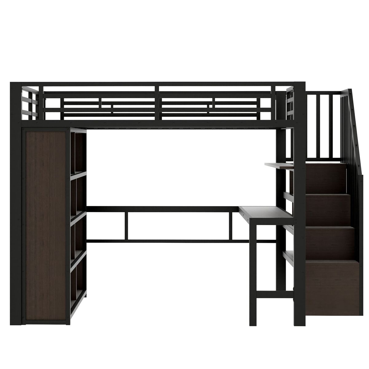 Cama alta 140x200 - estrutura de ferro, secretária, étagère, led, escada com arrumação - noir