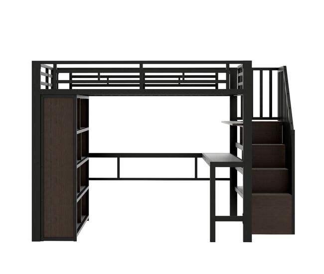 Cama alta 140x200 - estrutura de ferro, secretária, étagère, led, escada com arrumação - noir