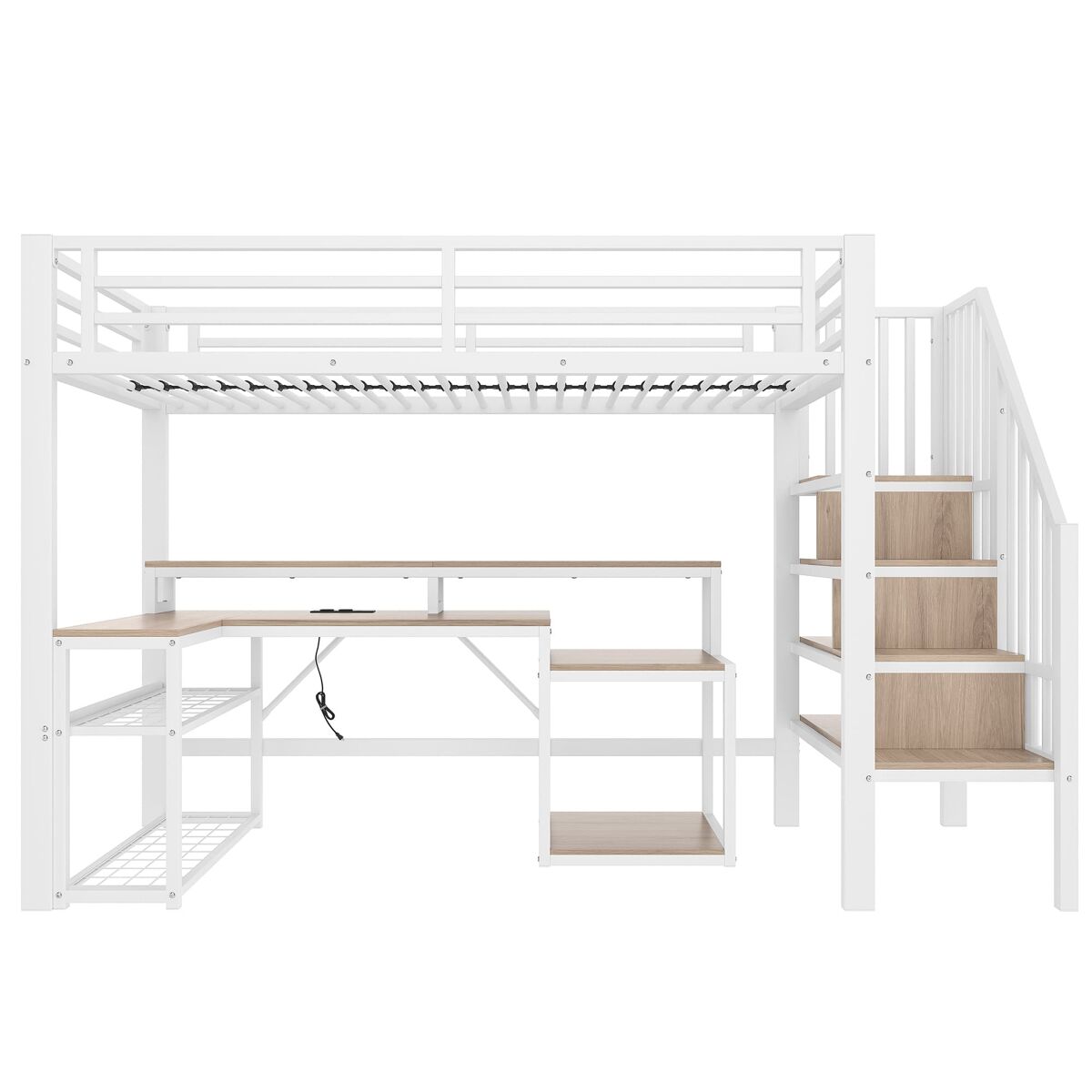 Cama alta 90x200 cm - estrutura metálica, secretária, escada com arrumação, led, usb - branco