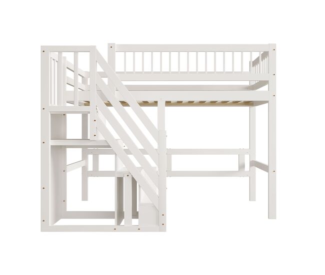 Cama alta em madeira maciça 90x200 - com escada e armário de arrumação, cama individual para crianças e jovens - branco