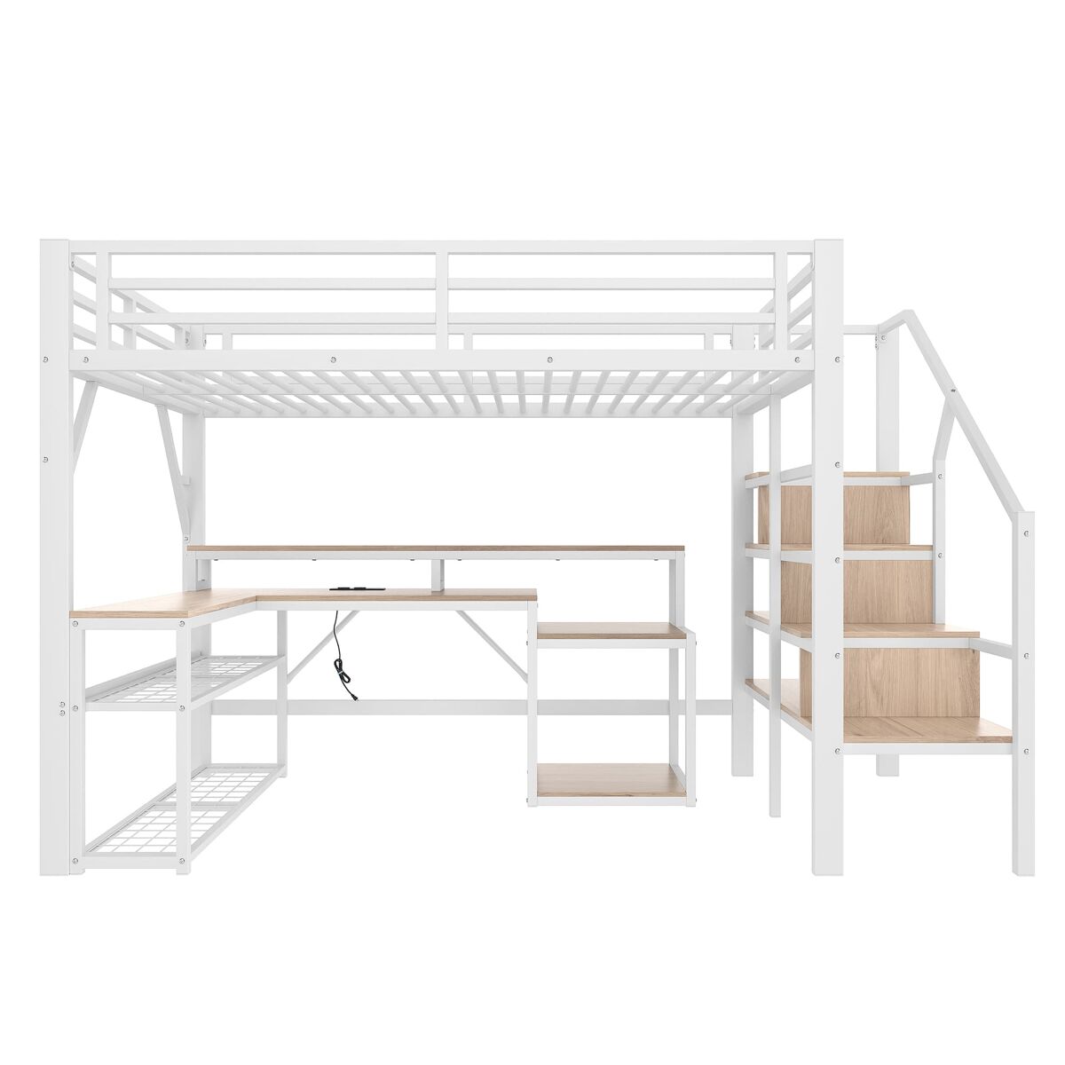 Cama alta 140x200 cm - metal, estante, escada com arrumação, secretária, led, usb - branco