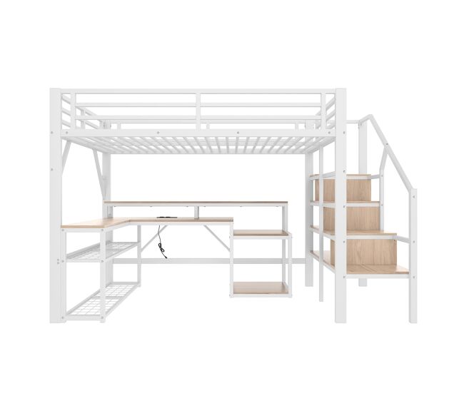 Cama alta 140x200 cm - metal, estante, escada com arrumação, secretária, led, usb - branco