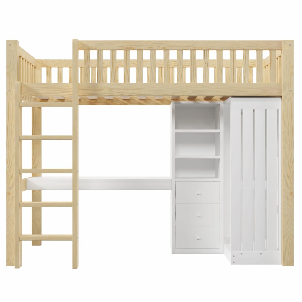 Cama alta 90x200 cm - secretária, armário, 3 gavetas, estante, grade, escada - natural