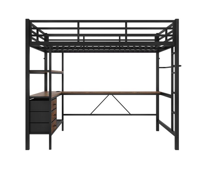 Cama alta 140x200cm - com led, secretária, tomada + usb, 3 gavetas, prateleiras, grade, escada - preto