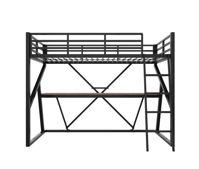 Cama alta 90x200cm - estrutura em metal, com led, secretária, escada, corrimão, sem colchão - preto