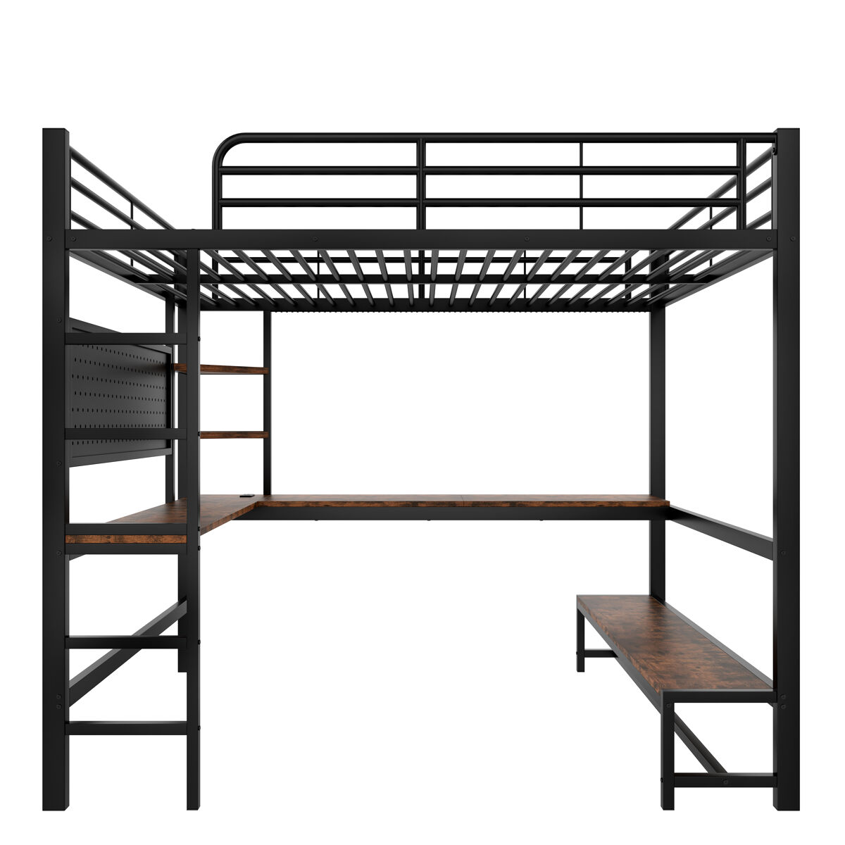 Cama alta 140x200 cm - estrutura metálica, secretária, corrimão, escada, várias prateleiras, tomada usb + type-c, faixa led, painel perfurado - preto