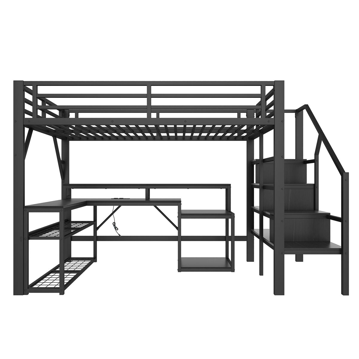 Cama alta 140x200 - com secretária, led, usb e arrumação - preto