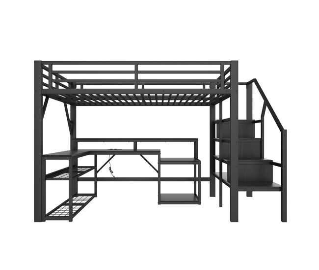Cama alta 140x200 - com secretária, led, usb e arrumação - preto