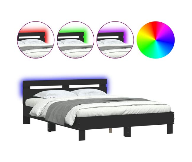 Estrutura de cama de casal para adultos com cabeceira e luzes led 140x190 cm preto