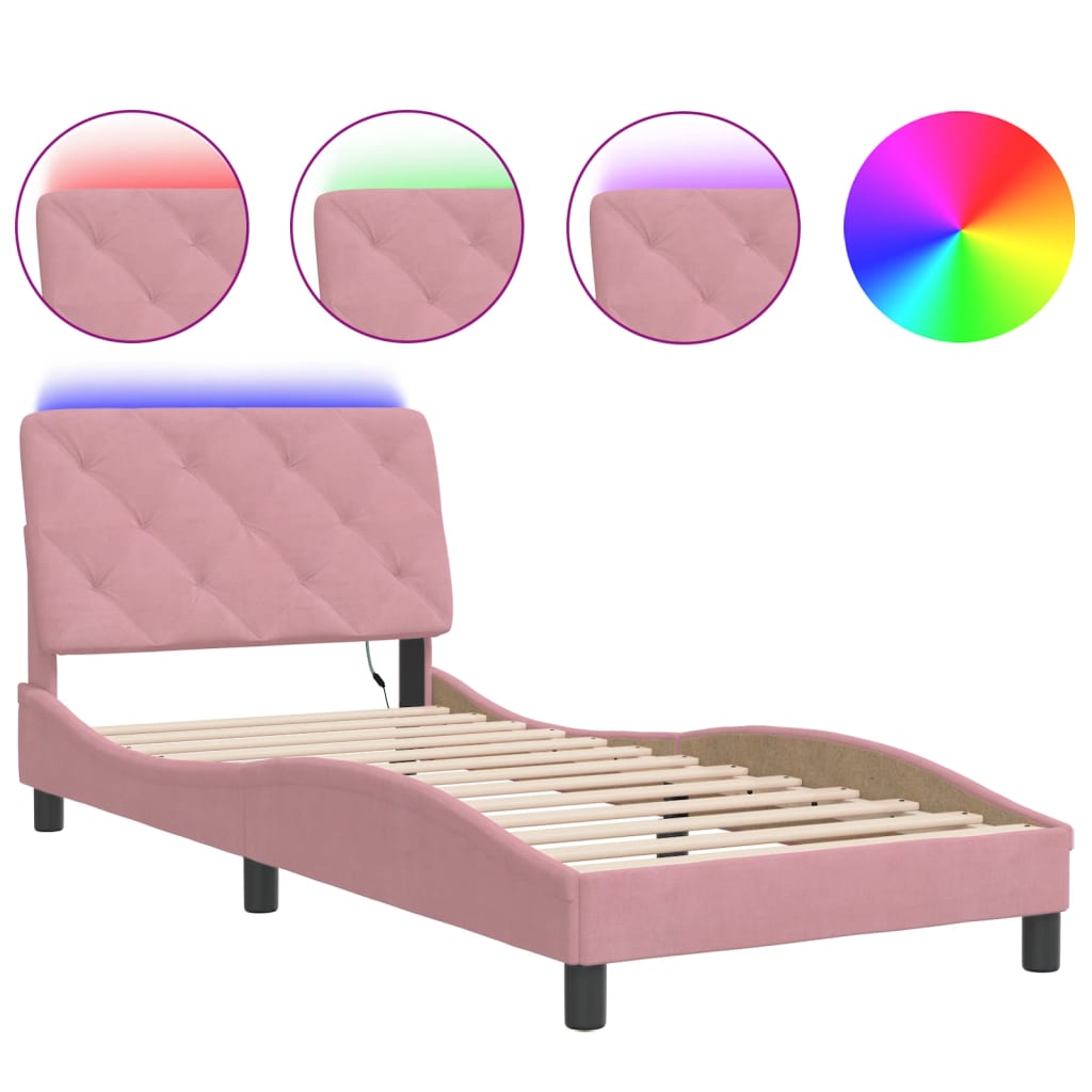 Estrutura de cama de solteiro para adultos com led 80x200 cm veludo rosa