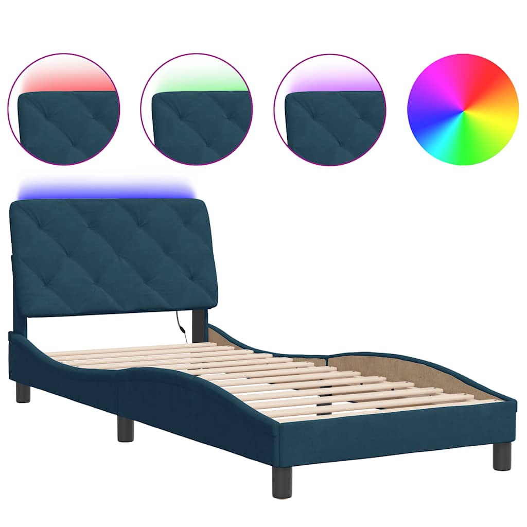 Estrutura de cama de solteiro para adultos com led 80x200 cm veludo azul