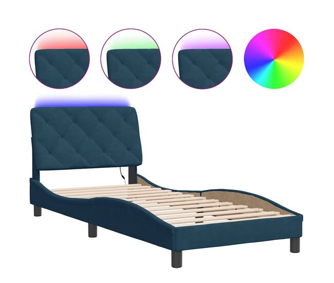 Estrutura de cama de solteiro para adultos com led 80x200 cm veludo azul