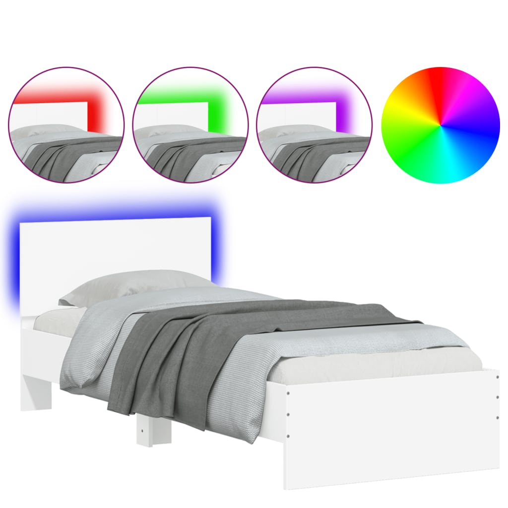 Estrutura de cama de solteiro para adultos c/ cabeceira e luzes led 90x190 cm branco