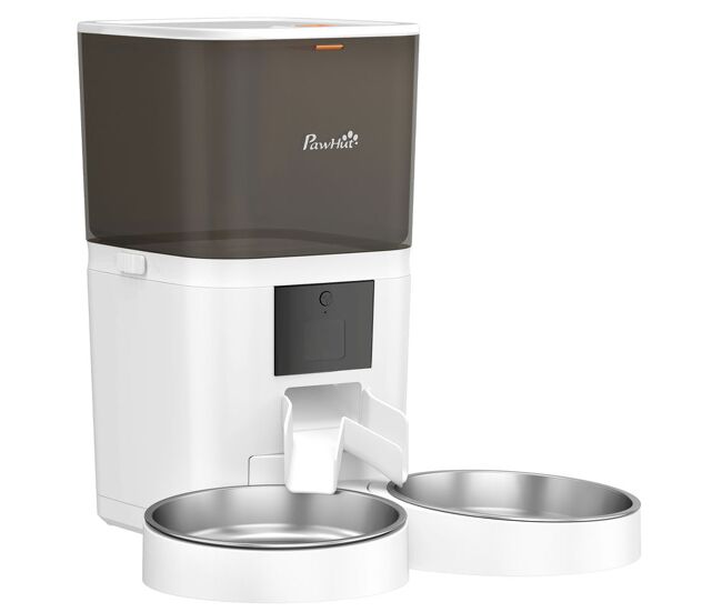 Pawhut comedouro automático 6l wifi 2.4g, dispensador de ração para gatos e cães com controlo por app, 2 tigelas, 1-10 refeições por dia, gravador de