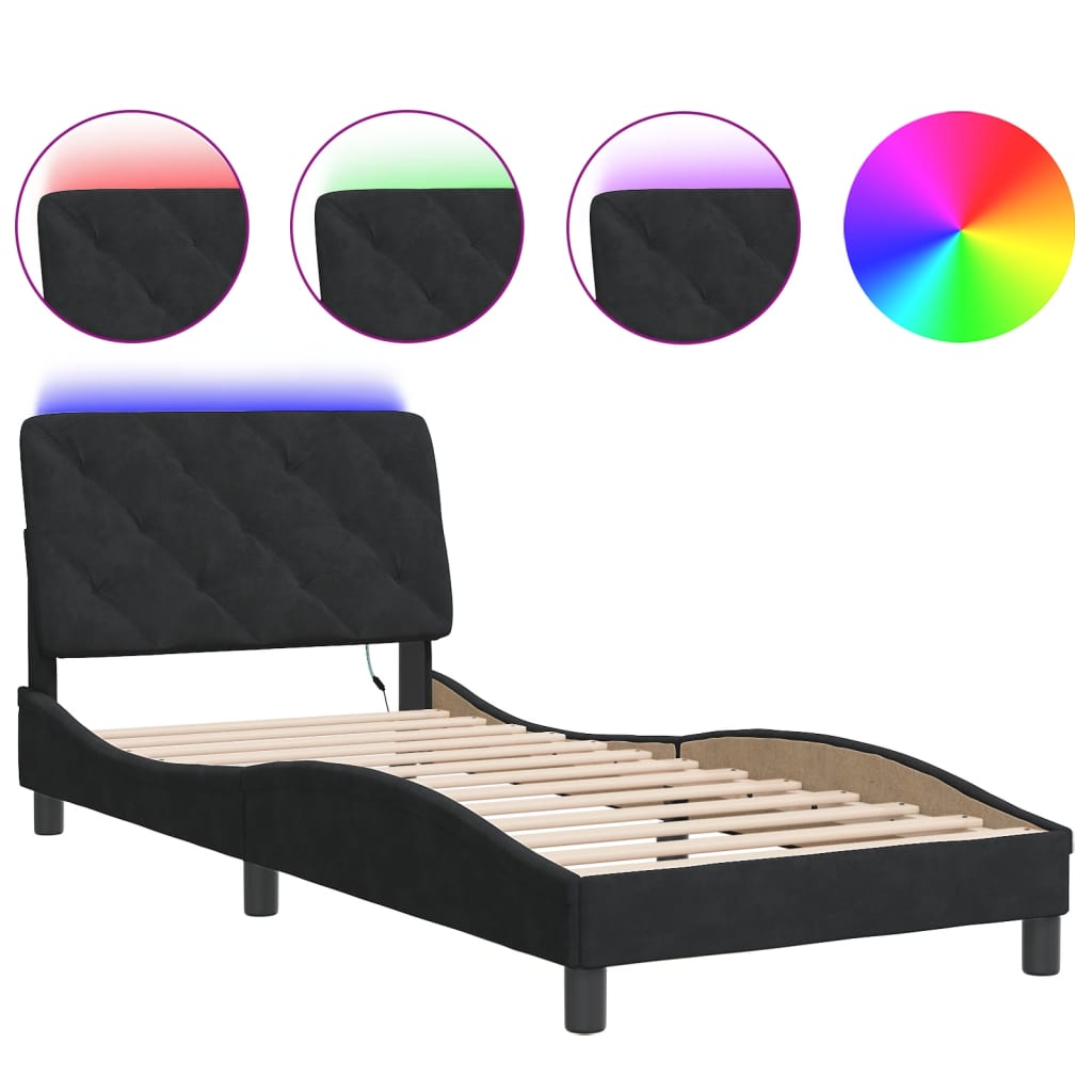 Estrutura de cama de solteiro para adultos com led 80x200 cm veludo preto