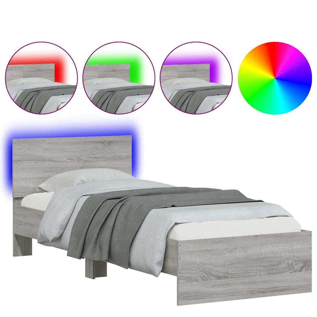 Estrutura de cama de solteiro moderno c/ cabeceira/luzes led 90x190 cm cinza sonoma