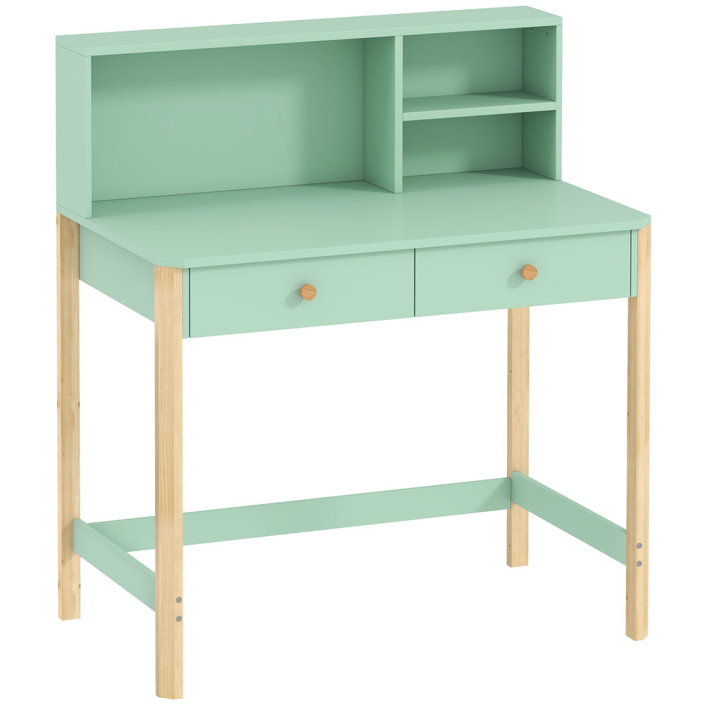 Aiyaplay secretária infantil mesa de estudo para enfants com 3 compartimentos abertos e 2 gavetões pés em madeira para estudo entrada quarto para enfants de 5-12 anos 90x52x105 cm verde