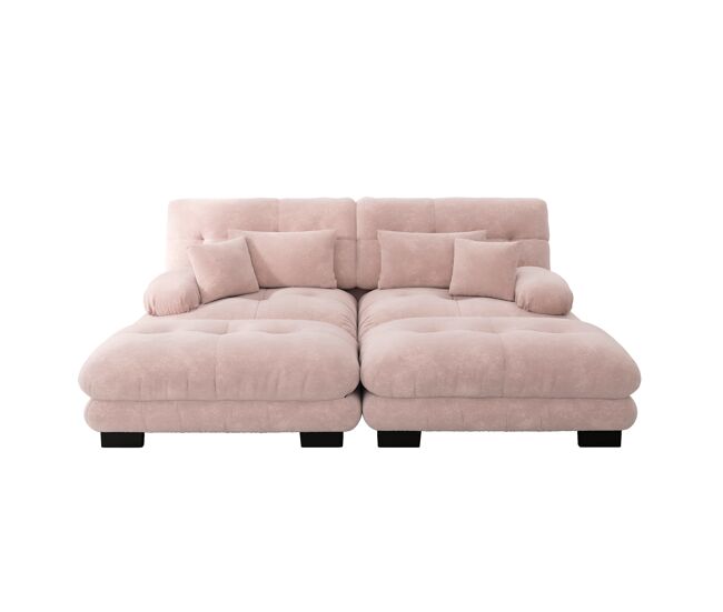 Sofá de canto cloud 2 lugares - chenille com 2 almofadas lombares e 2 almofadas decorativas, com 2 pufes - rosa