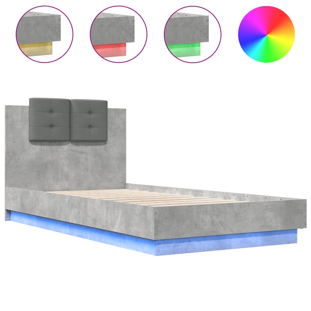 Estrutura de cama de solteiro moderno c/ cabeceira/luzes led 75x190cm cinza cimento