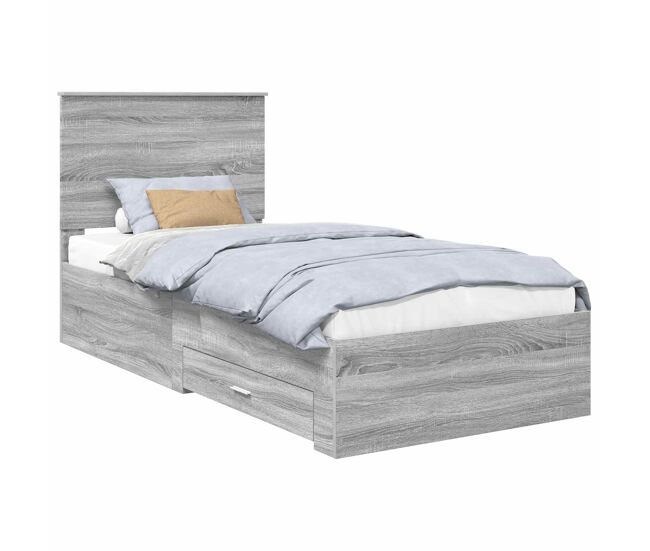 Estrutura de cama de solteiro para adultos com gaveta cinza sonoma e prata 75 x 190 cm