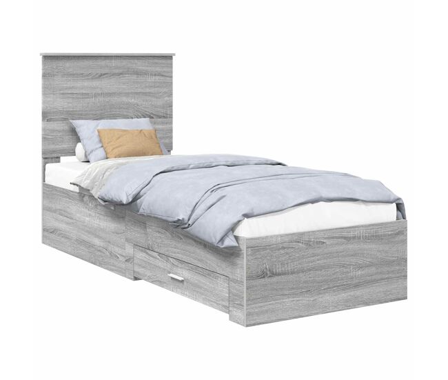Estrutura de cama de solteiro para adultos com gaveta cinza sonoma e prata 70 x 190 cm