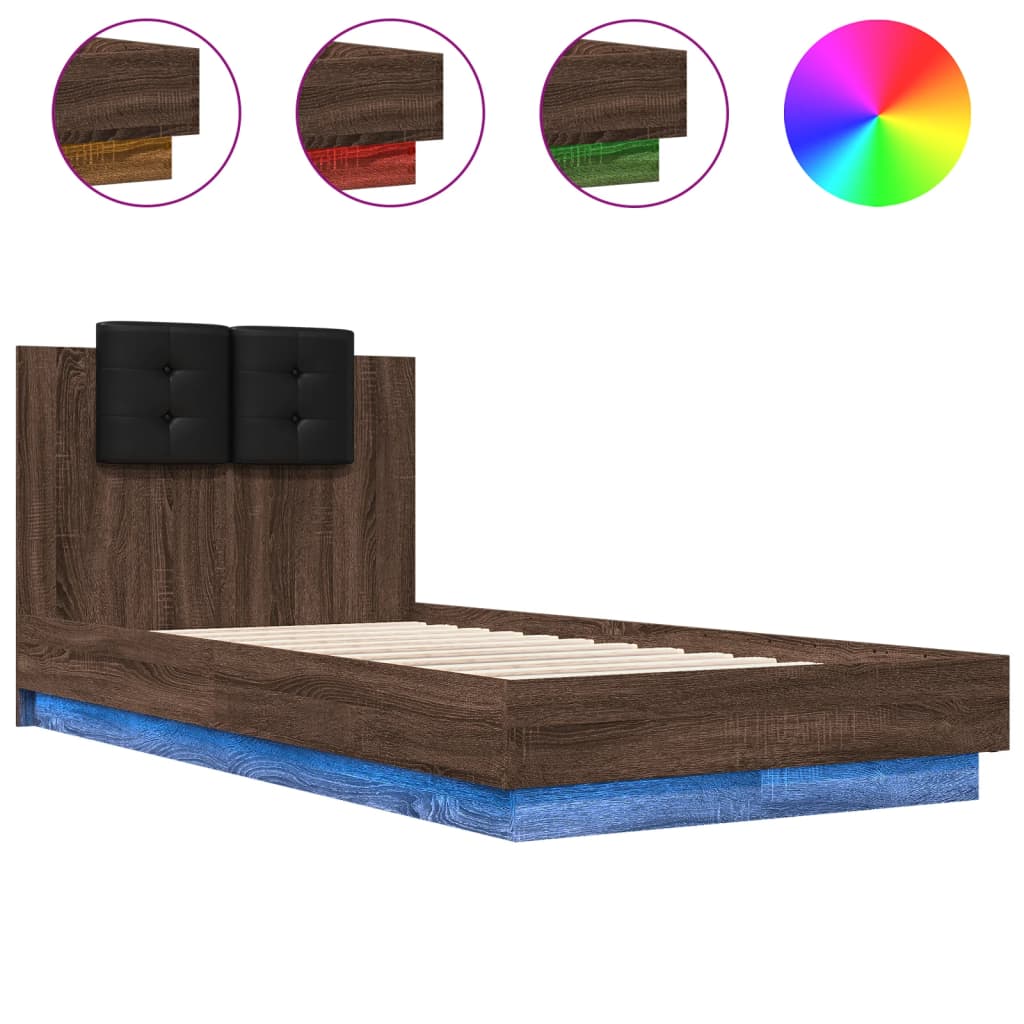 Estrutura de cama de solteiro moderno cabeceira/luzes led 75x190 cm carvalho castanho