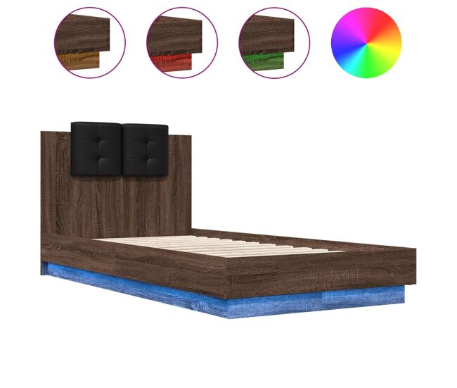 Estrutura de cama de solteiro moderno cabeceira/luzes led 75x190 cm carvalho castanho