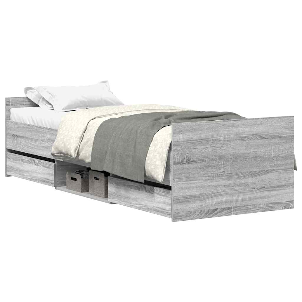 Estrutura de cama de solteiro para adultos c/ painéis de cabeceira e pés cinzento sonoma