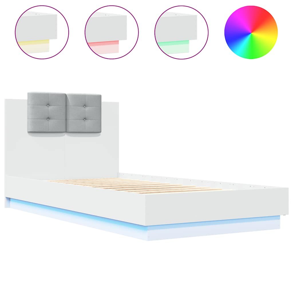 Estrutura de cama de solteiro para adultos com cabeceira e luzes led 75x190 cm branco