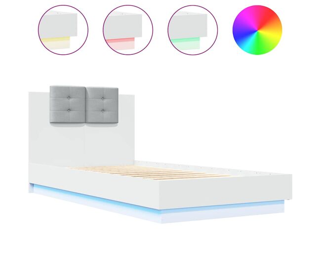 Estrutura de cama de solteiro para adultos com cabeceira e luzes led 75x190 cm branco