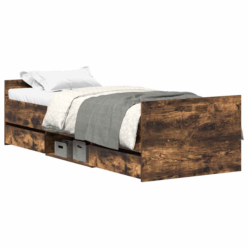 Estrutura de cama de solteiro para adultos c/ painéis de cabeceira e pés carvalho fumado