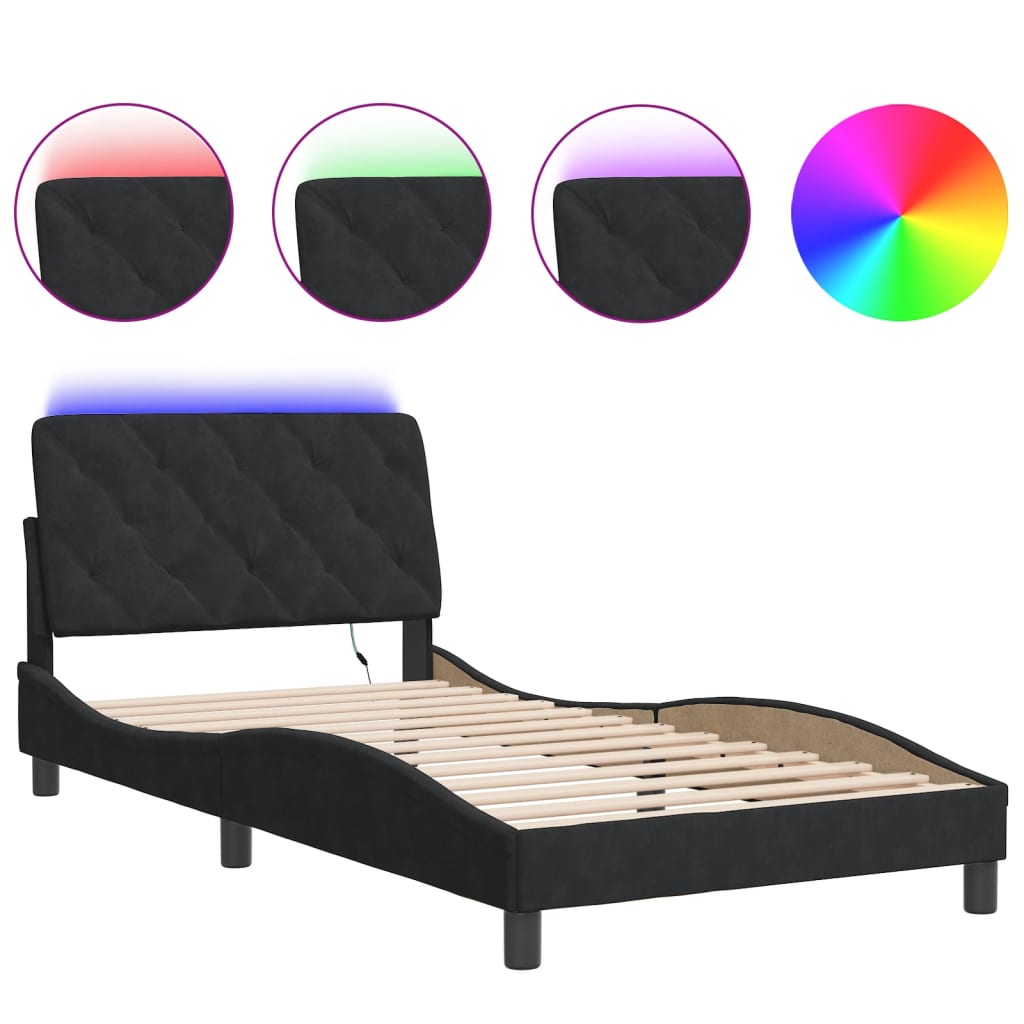 Estrutura de cama de solteiro para adultos com led 100x200 cm veludo preto