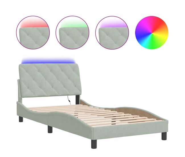 Estrutura de cama de solteiro simple com led 100x200 cm veludo cinzento-claro
