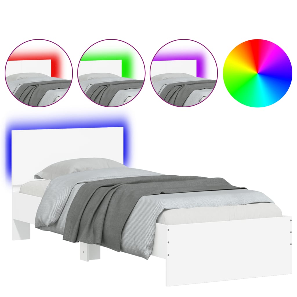 Estrutura de cama de solteiro para adultos com cabeceira e luzes led 90x200 cm branco