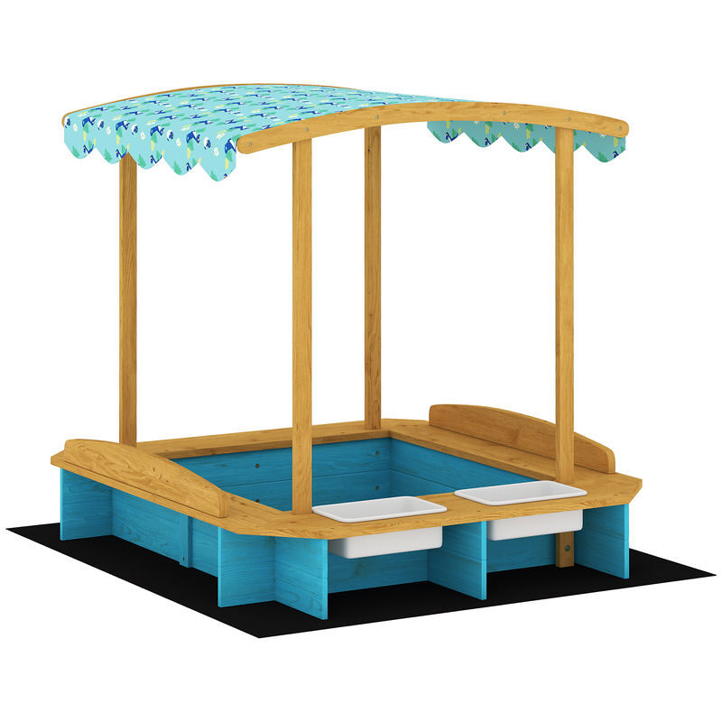 Aiyaplay caixa de areia infantil de madeira com tela arenero com 3 bancos 2 caixas de pp revestimento caixa de areia para enfants de 3-6 anos para jardim pátio varanda 128x118x121 cm bleu e madeira