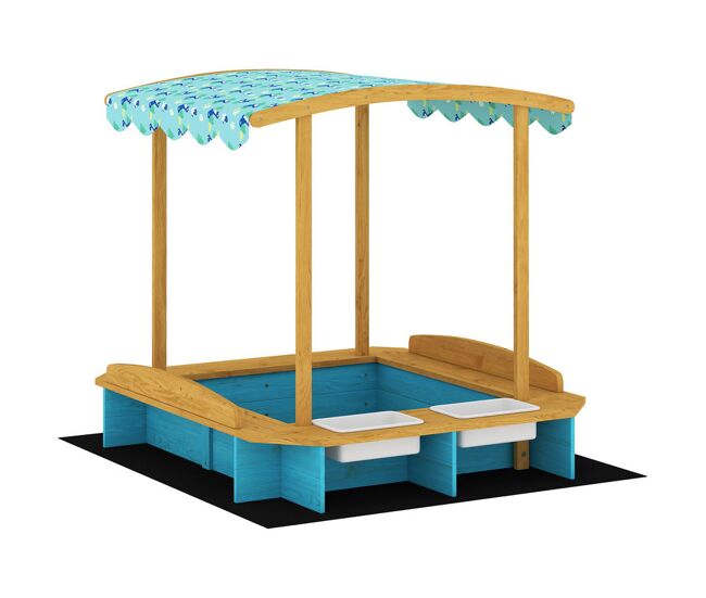 Aiyaplay caixa de areia infantil de madeira com tela arenero com 3 bancos 2 caixas de pp revestimento caixa de areia para enfants de 3-6 anos para jardim pátio varanda 128x118x121 cm bleu e madeira