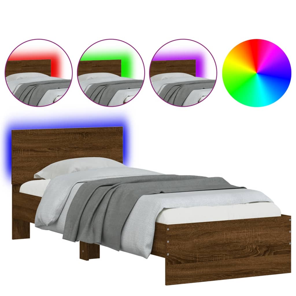 Estrutura de cama de solteiro moderno cabeceira/luzes led 75x190 cm carvalho castanho